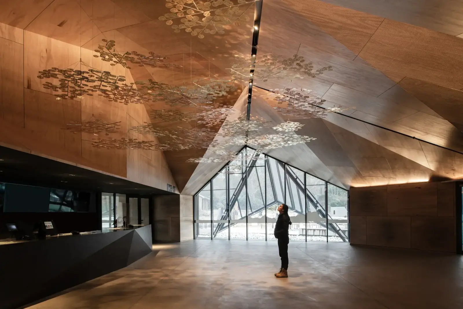 The visitor centre’s timber-lined interior, with an angular ceiling above the reception desk.